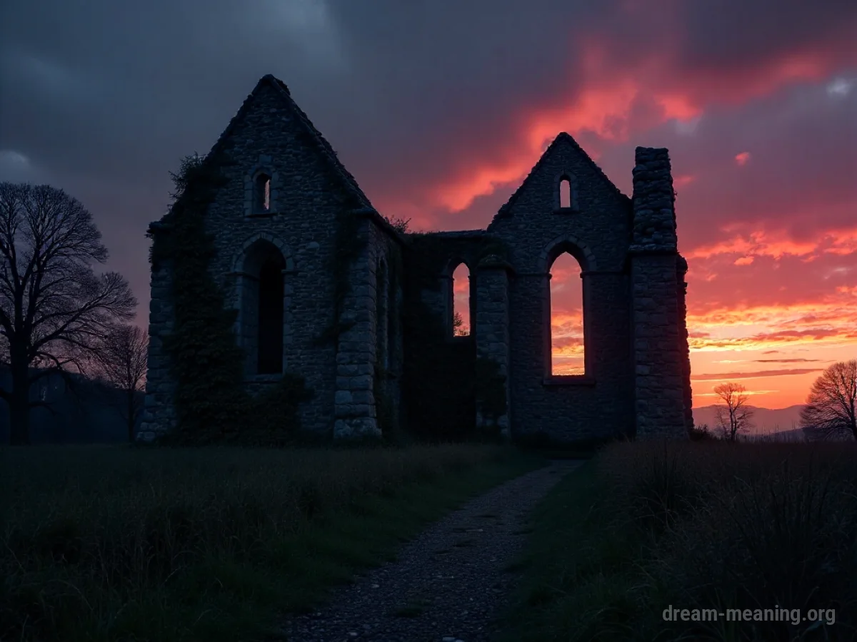 A decaying stone abbey structure with vines and overgrowth.