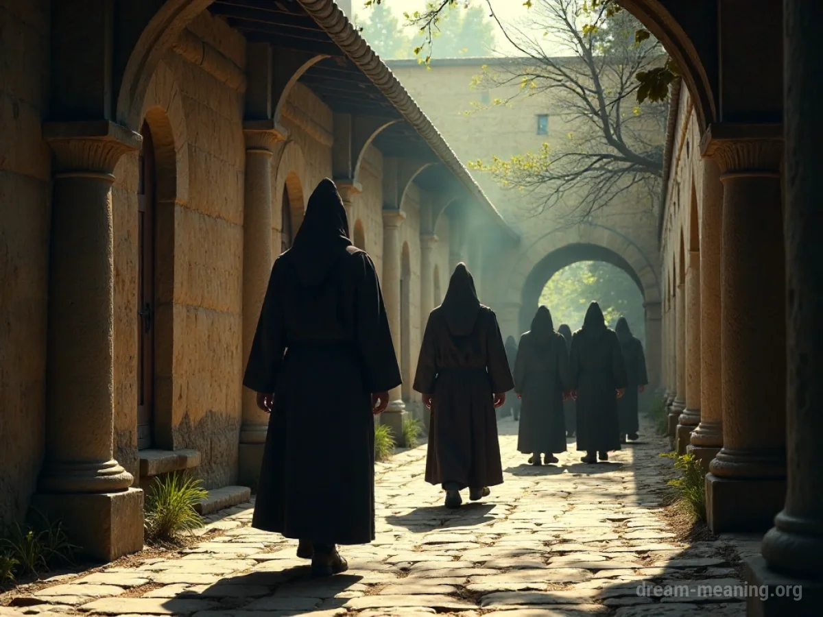 Hooded monks walking in a stone courtyard of an ancient abbey.