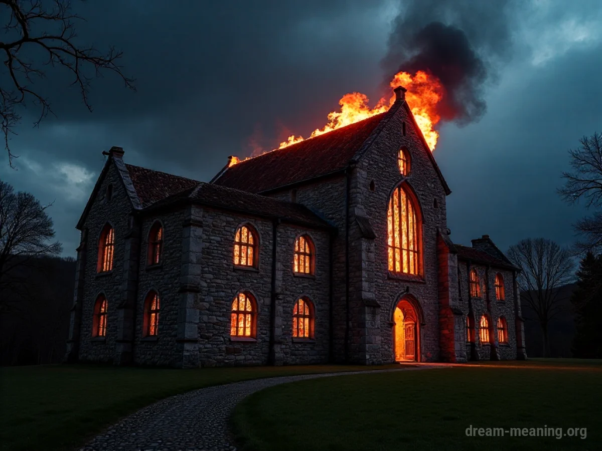 A stone abbey building engulfed in flames.