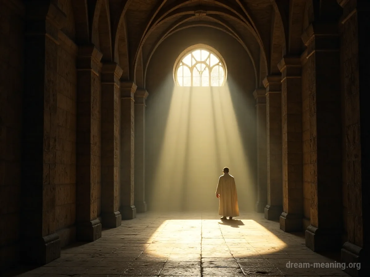 A dimly lit corridor in a monastery with light filtering from above.