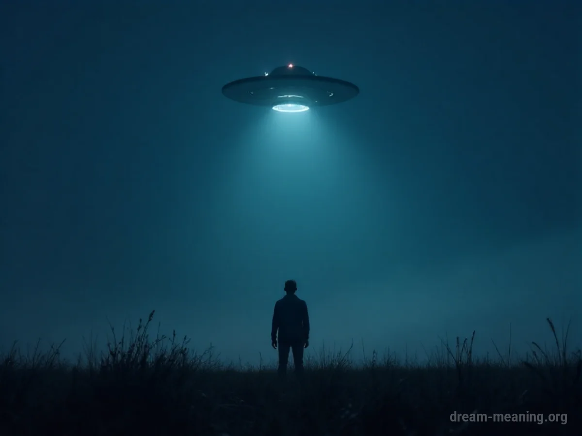 A person stands in a dark field looking up at a hovering craft in the night sky.