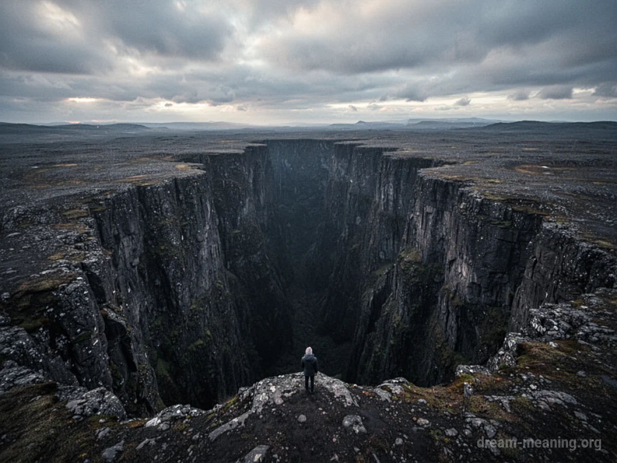 A person standing at the edge of a huge, dark abyss that surrounds them.