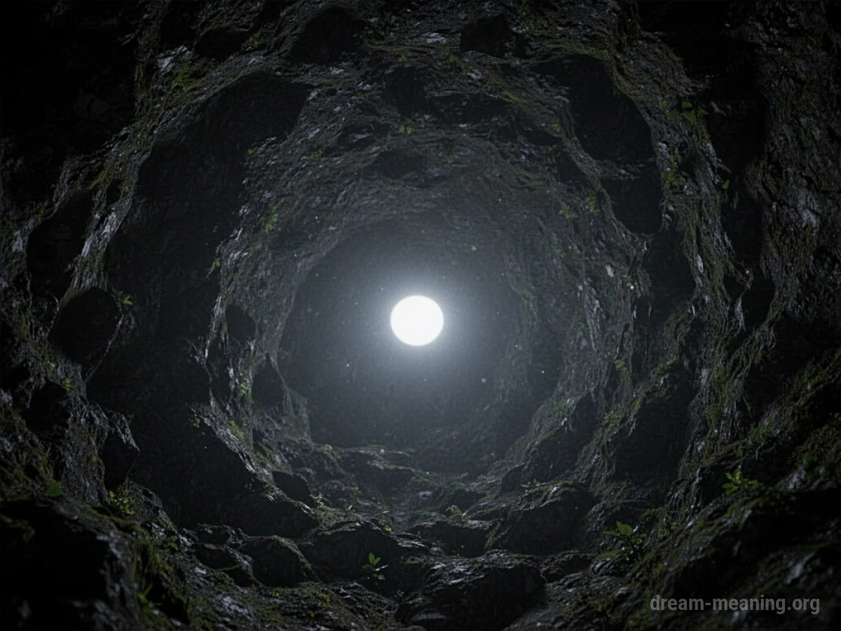 A dark chasm with a bright light shining upwards from below.