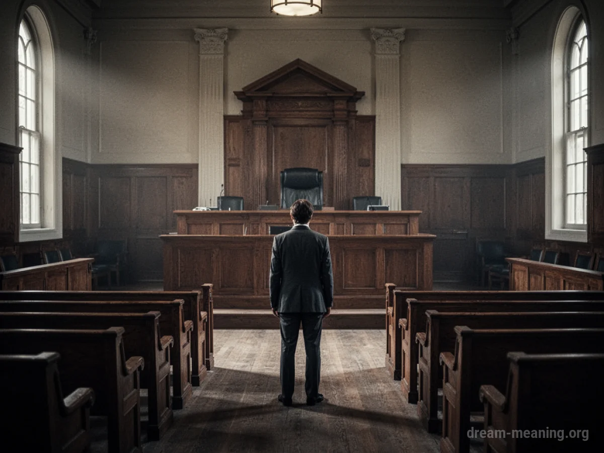 A silhouette of a person standing alone in a large, dark courtroom.