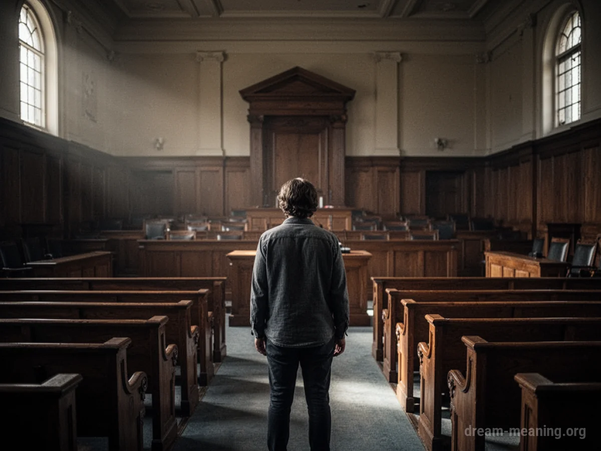A lone figure stands in a dark, empty courtroom.