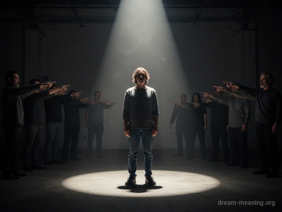 Silhouette of a person under a spotlight with hands pointing from the shadows.