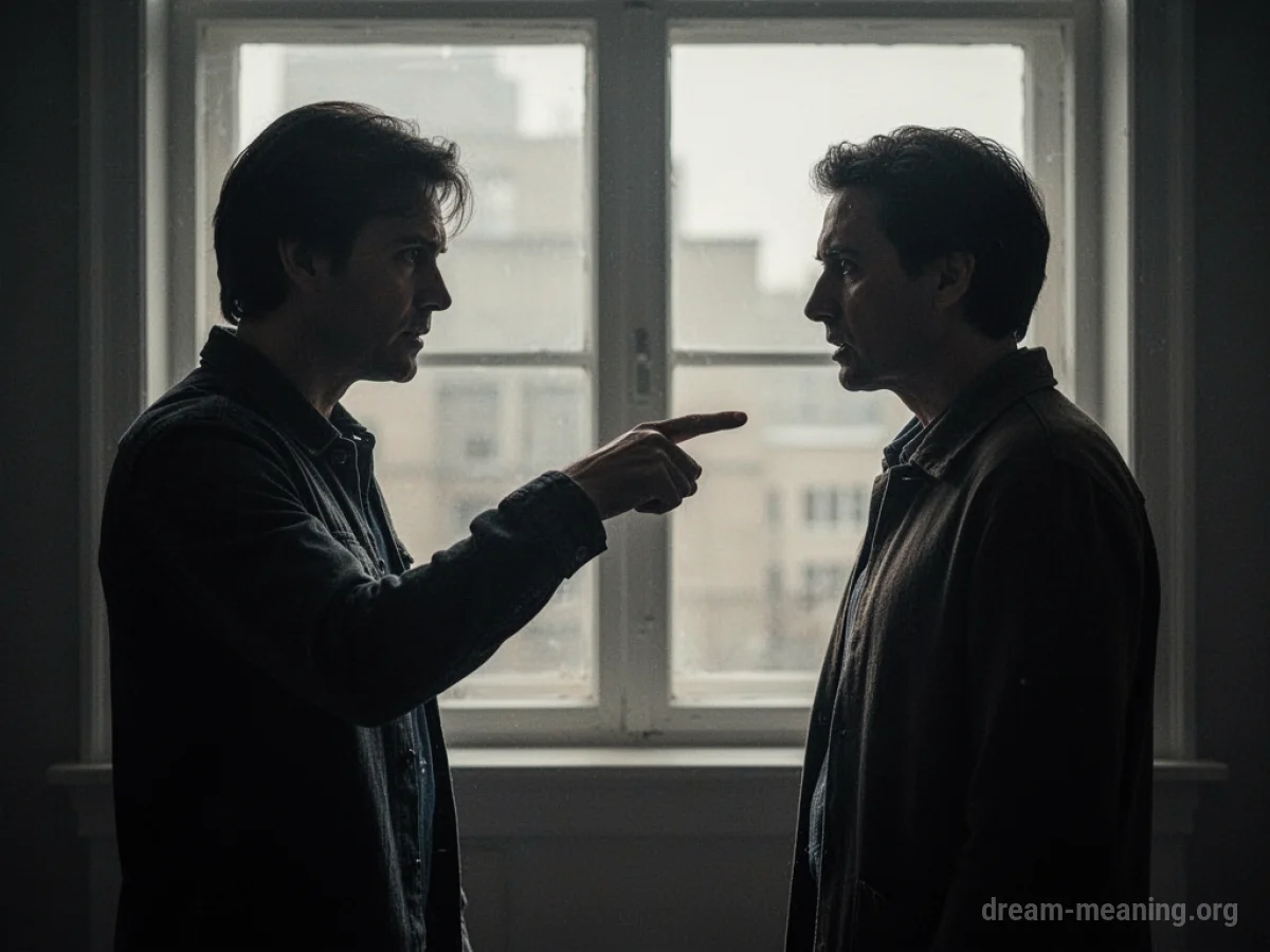 Two indistinct figures, one pointing a finger at the other.