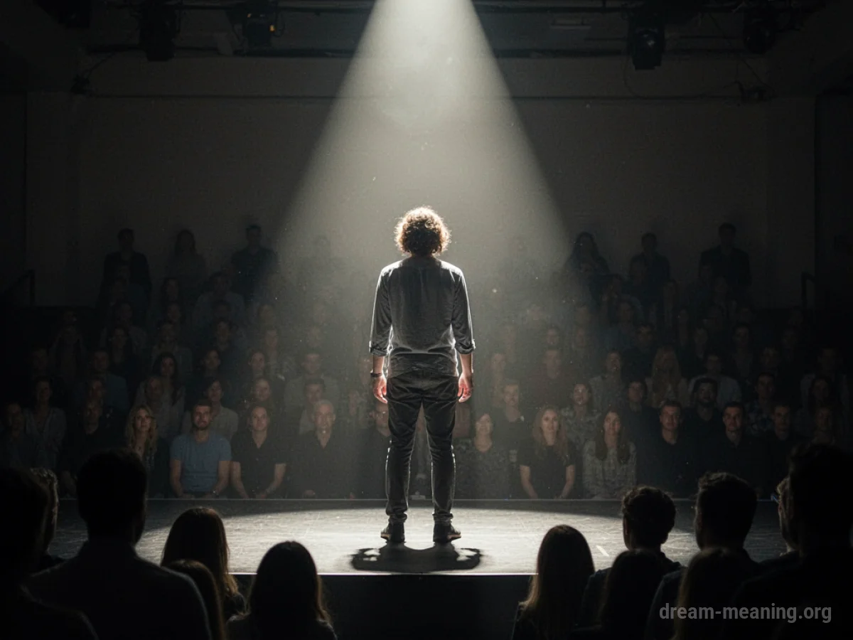 A person standing alone on a brightly lit stage with an audience out of focus.