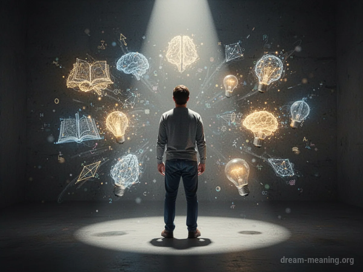 A figure illuminated by a spotlight with glowing abstract shapes.