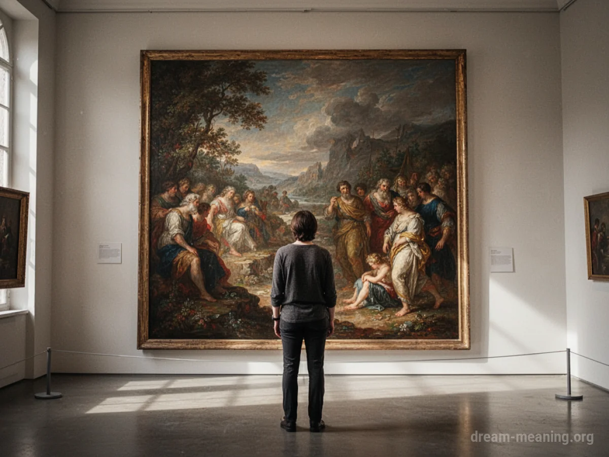 Person looking at a large painting in an art gallery.