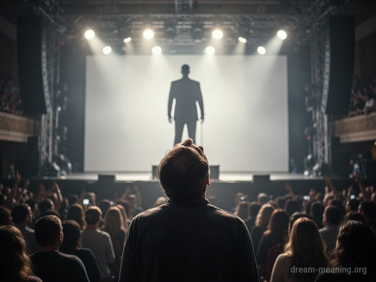 Silhouette of a famous person on a stage, viewed from below by an audience member.