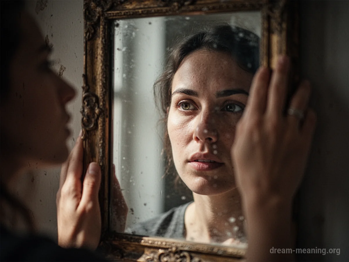 A person's face reflected in a mirror.