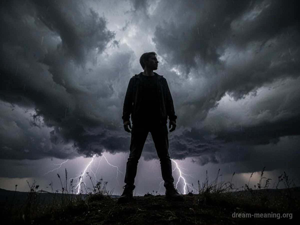 Silhouette of a person with arms outstretched against a dark, cloudy sky.