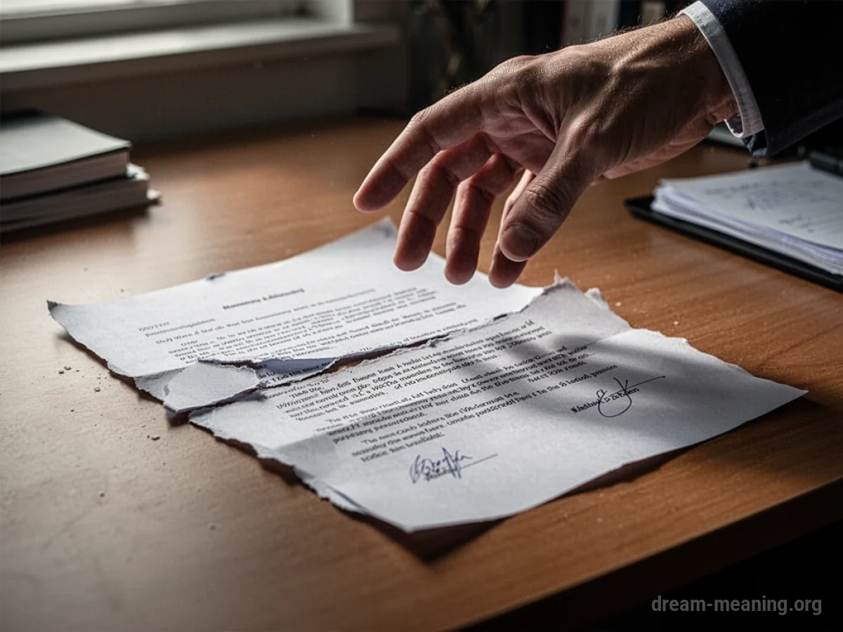 A torn paper document with visible text fragments on a wooden desk surface.