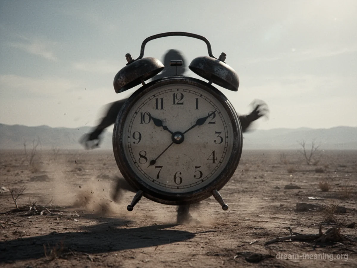 A shadowy, oversized alarm clock with blurred hands pursues a small, distant figure across a barren plain.