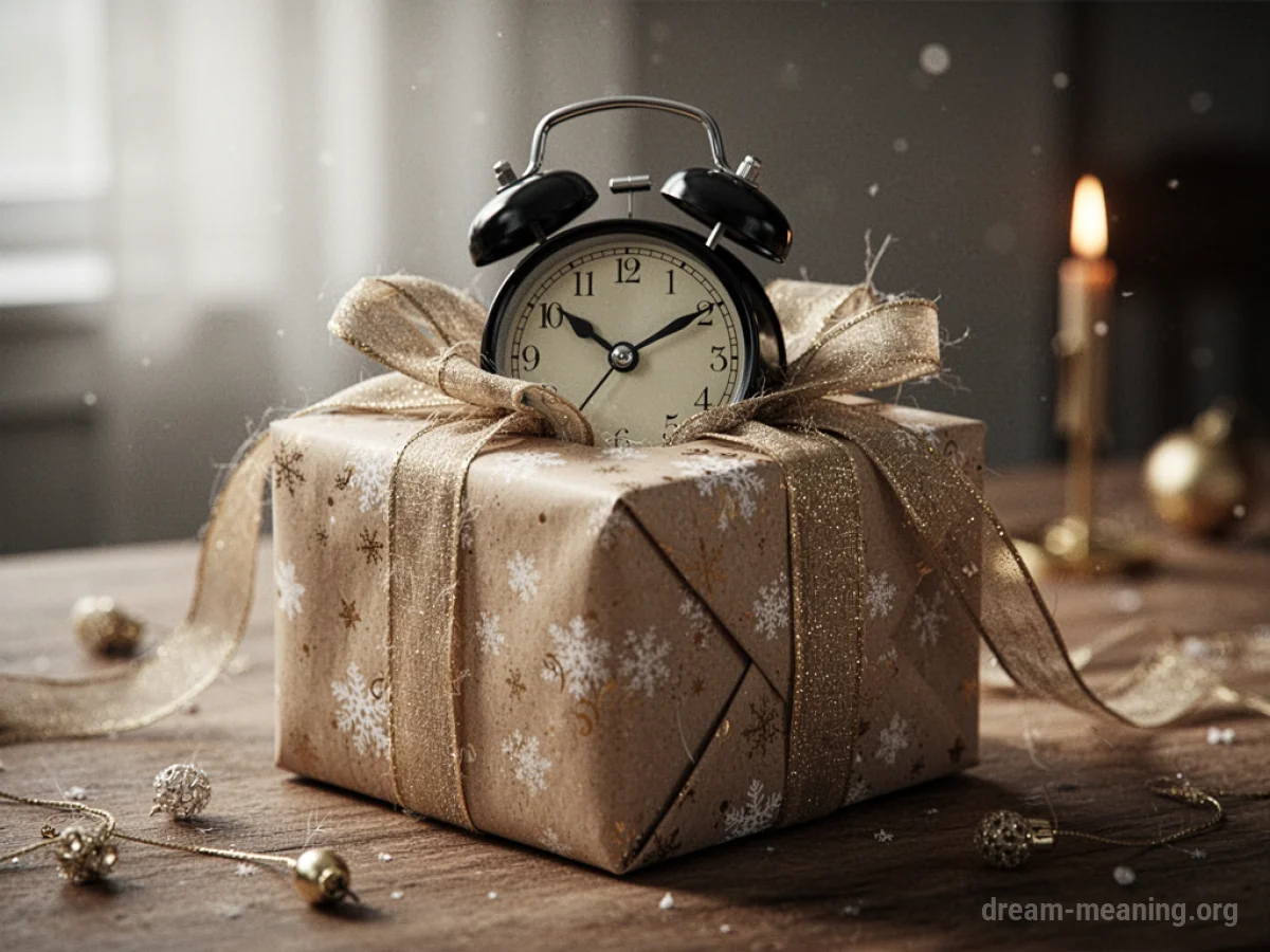 A gift box with an alarm clock visible.