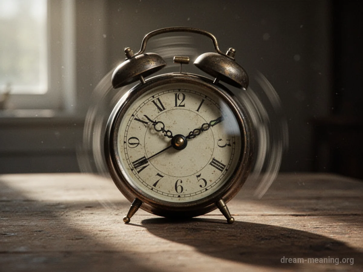 Close-up of an old-fashioned alarm clock with its hands blurred from rapid movement.