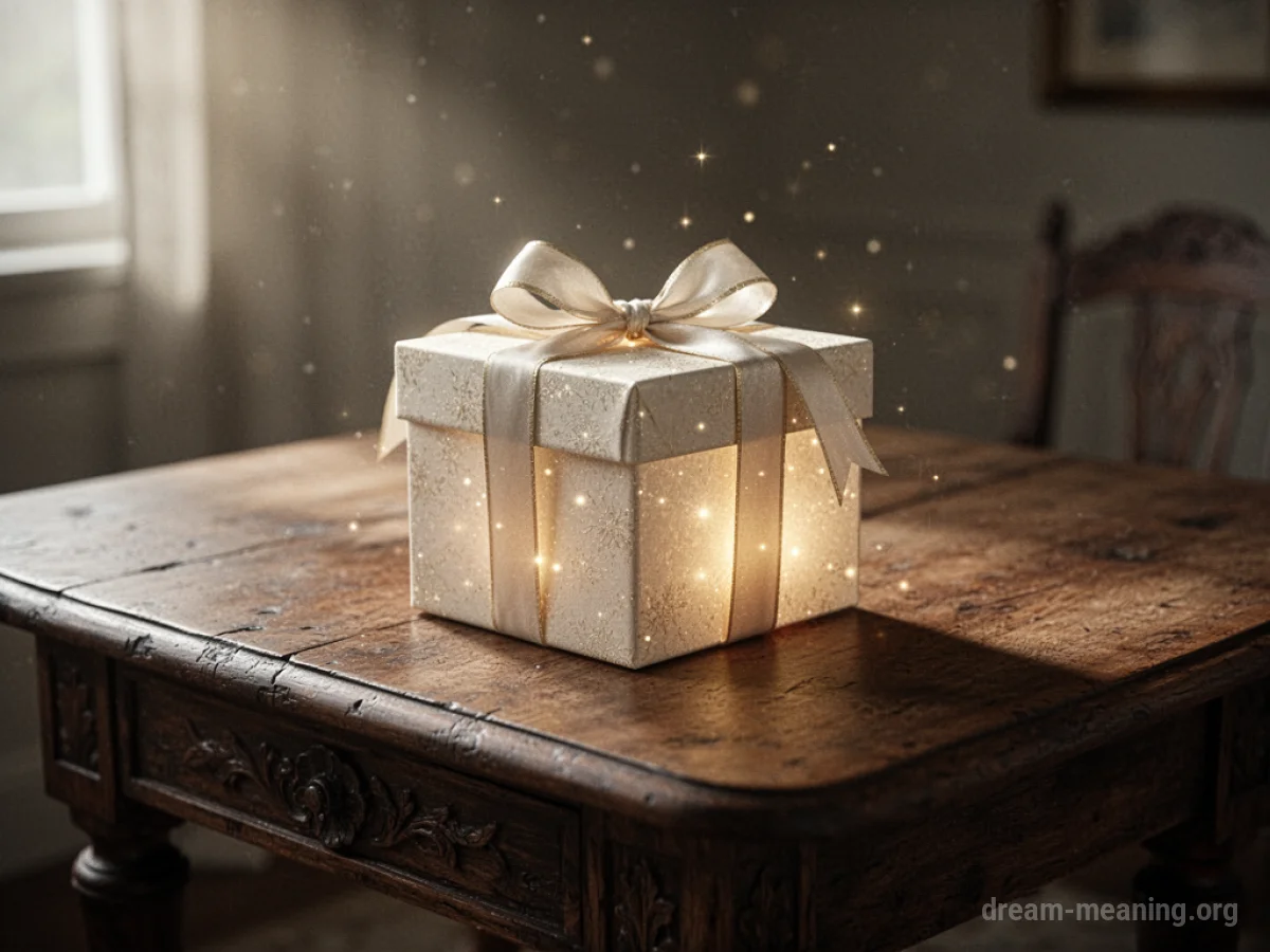 A glowing gift box on an old wooden table.