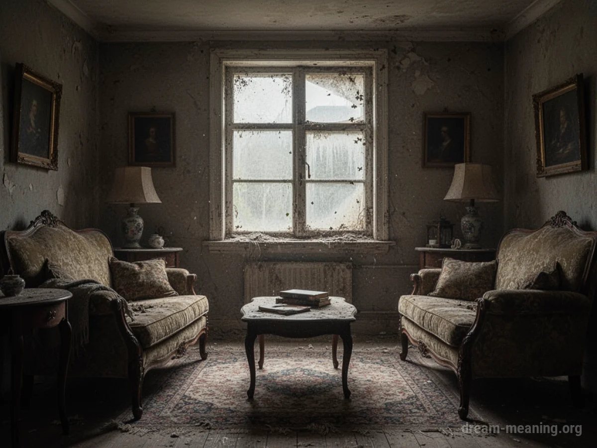 An old, dusty living room with antique furniture.