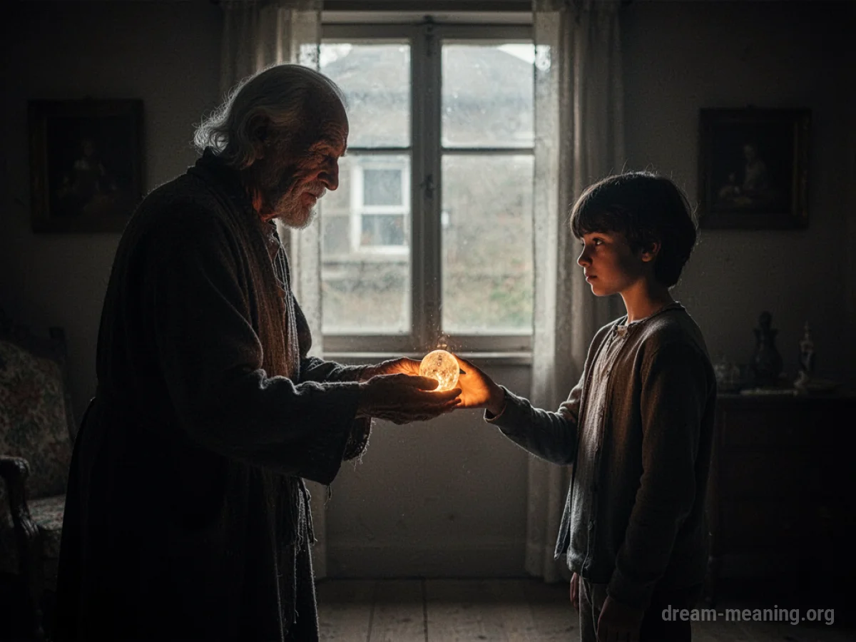 A shadowy figure handing a glowing object to another figure in a dark room.