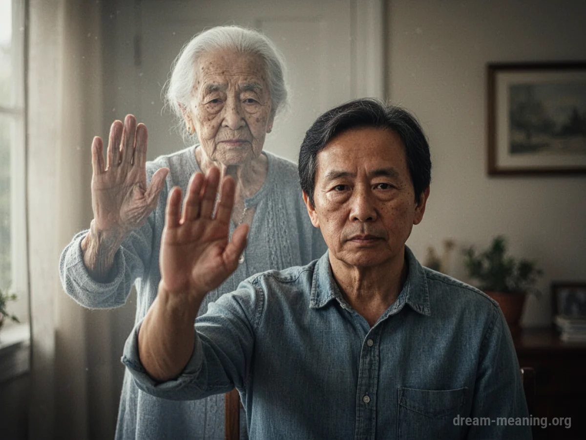 A translucent elderly figure gestures behind a person.
