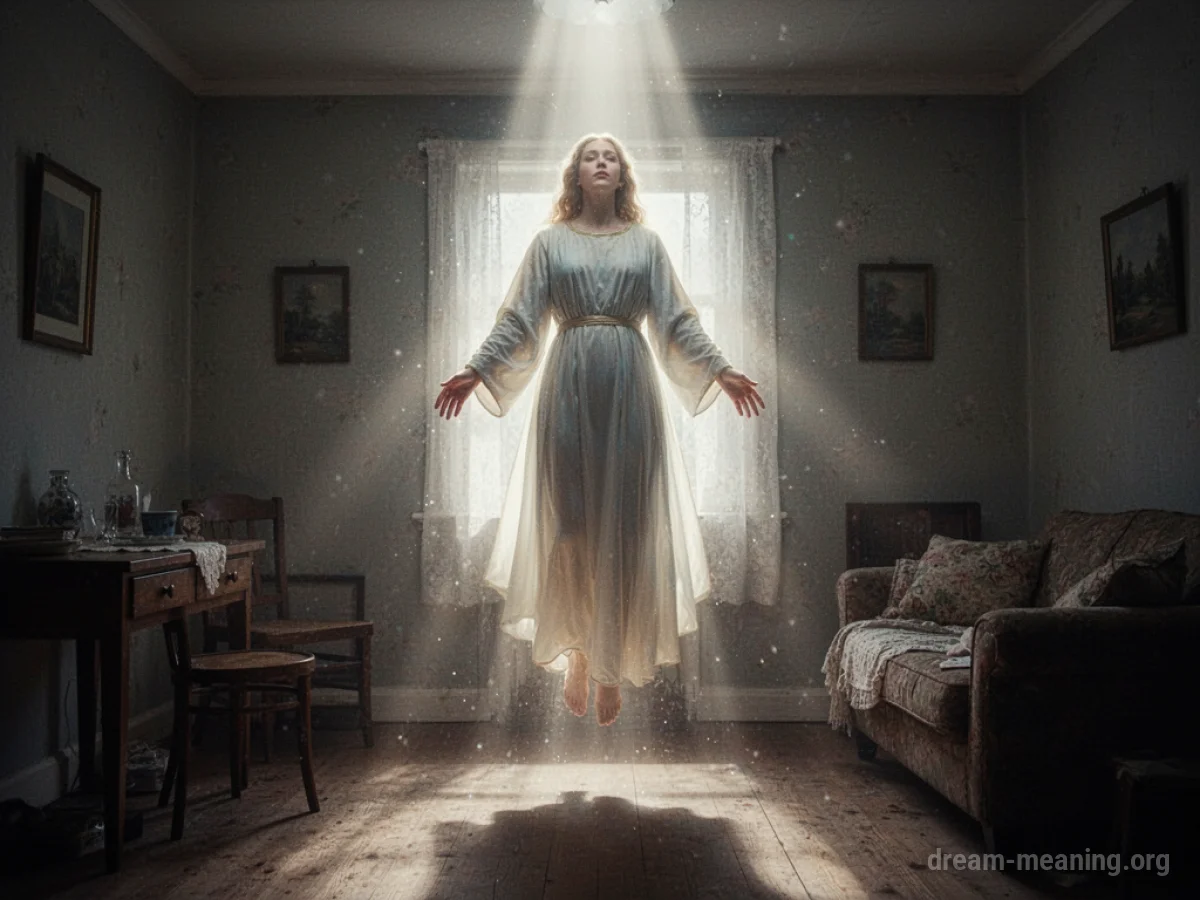 A glowing angelic figure materializes in a room.