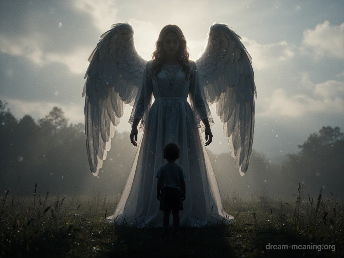 A shadowy angel figure looms over a small silhouette of a person.