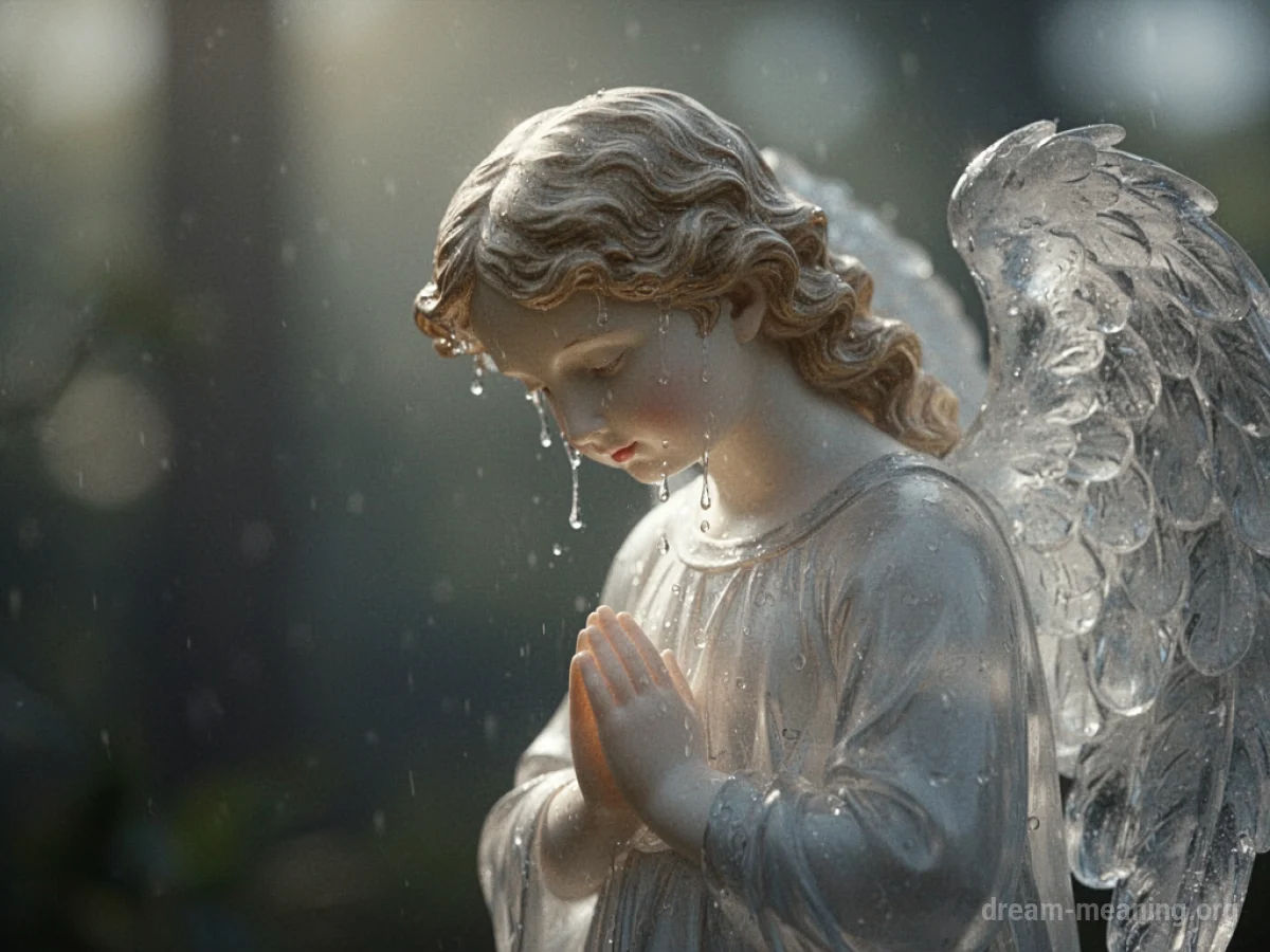 A translucent angel figure with its head bowed, shedding tears of light.