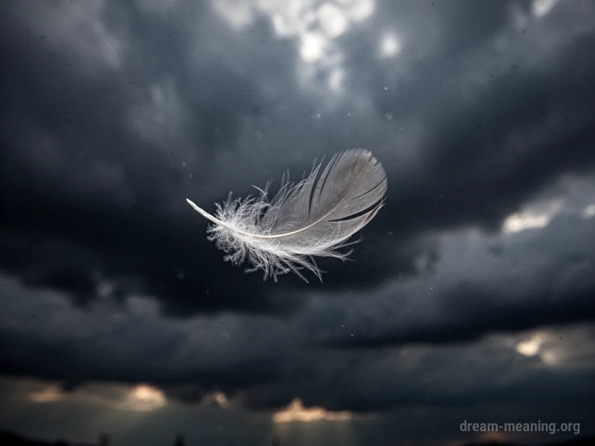 A single white feather falling downwards against a dark, overcast sky.