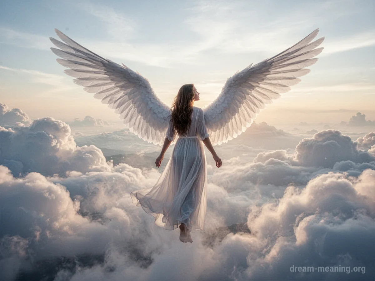 A winged figure flying upwards through clouds.