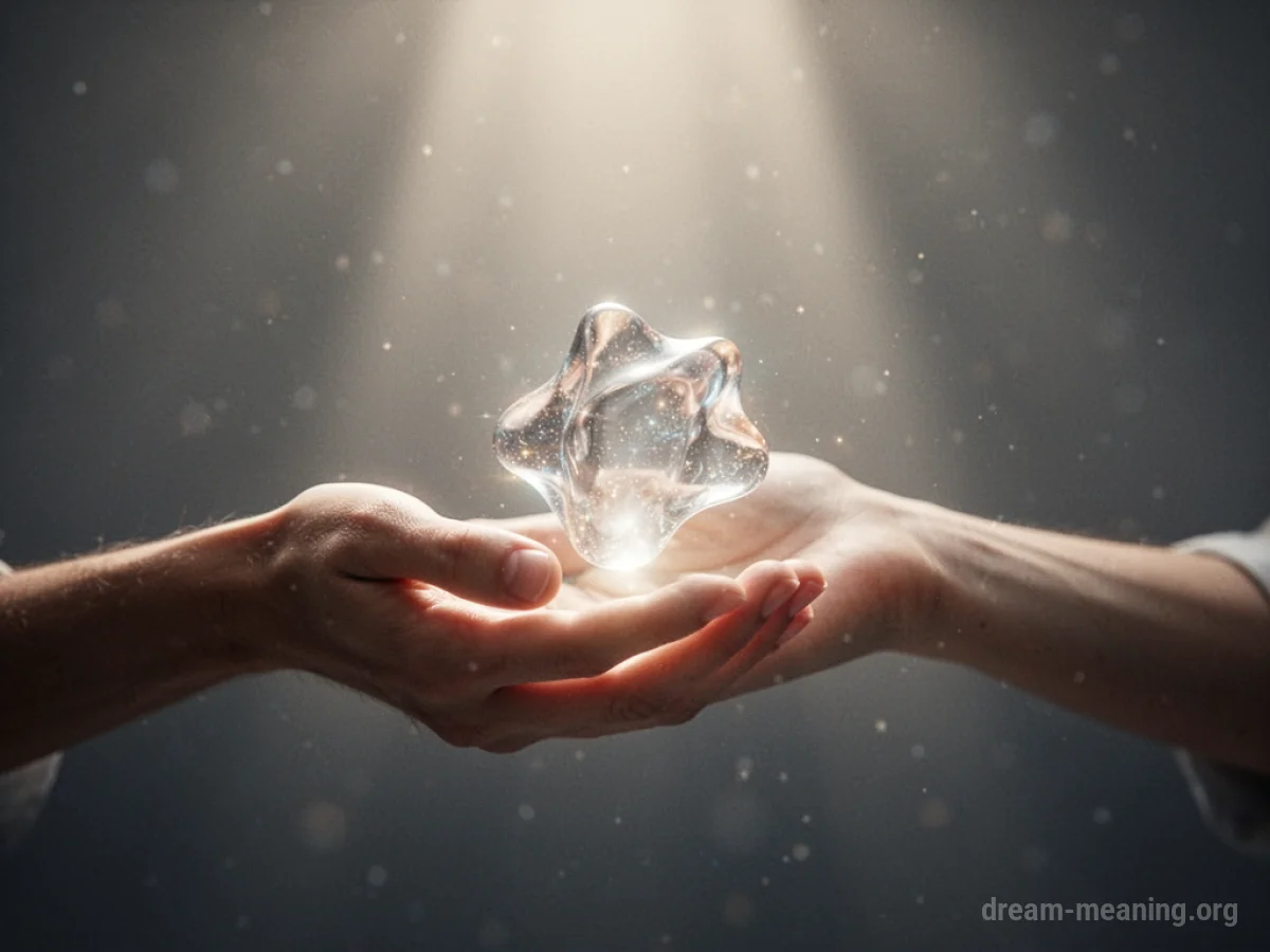 A glowing object is offered by a hand descending from soft light.