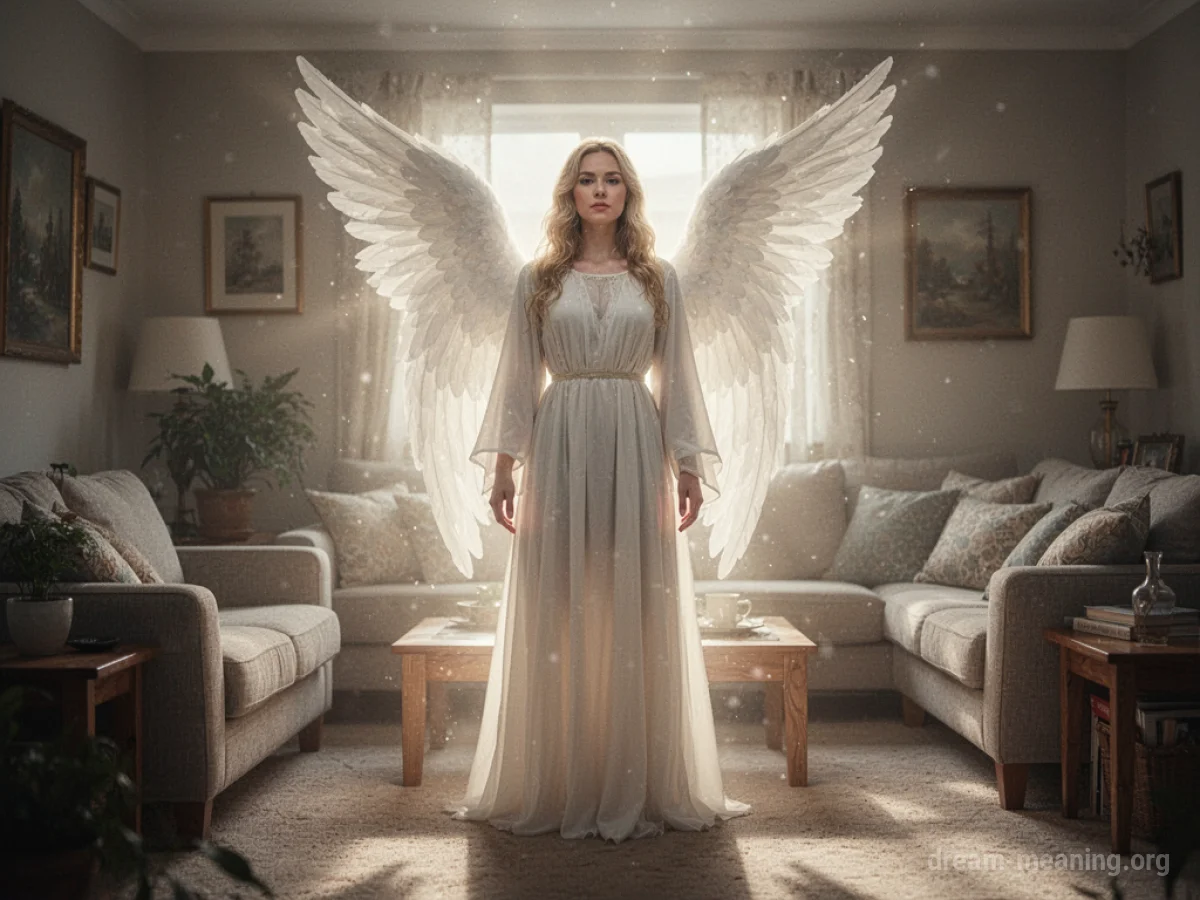 An angelic figure bathed in soft light stands in the center of a living room.