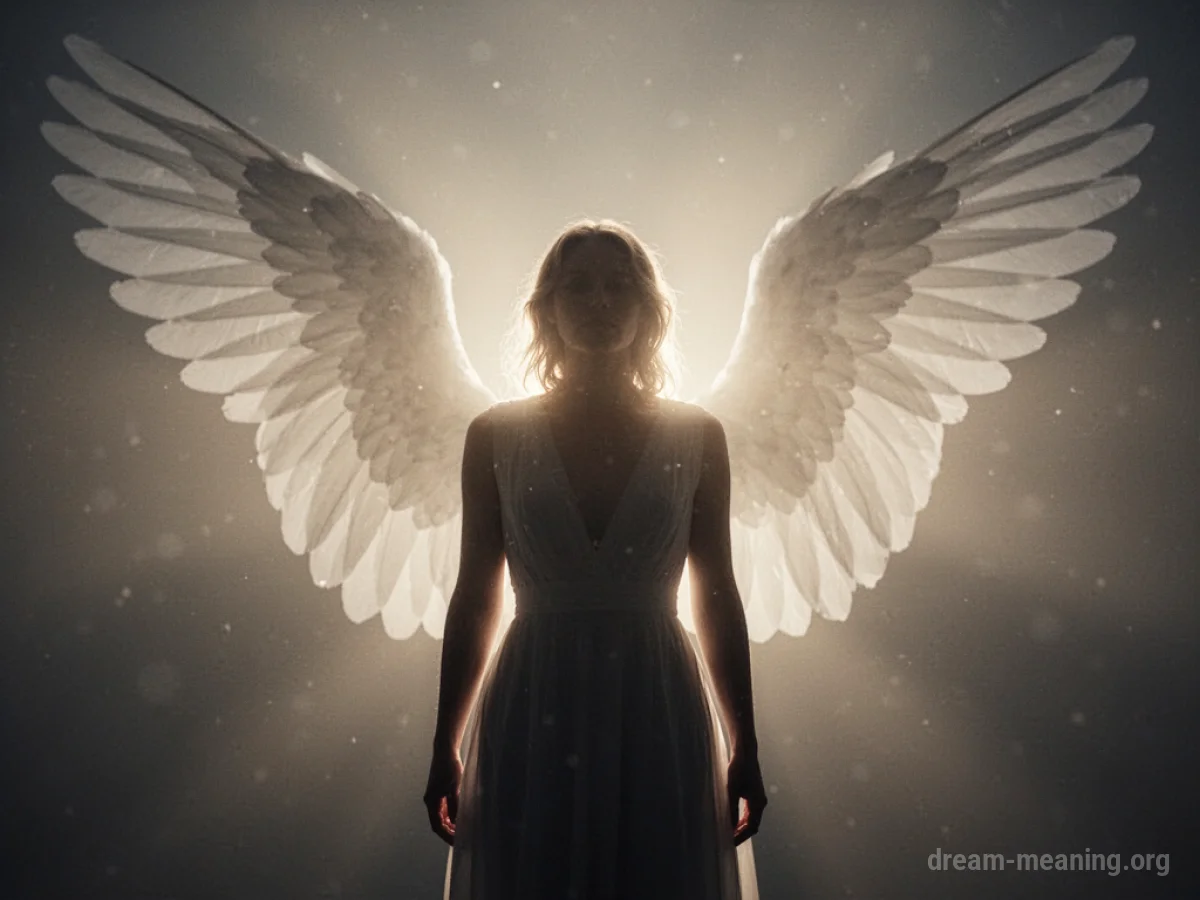 A person standing within a gentle light, with faint, large wings behind them.