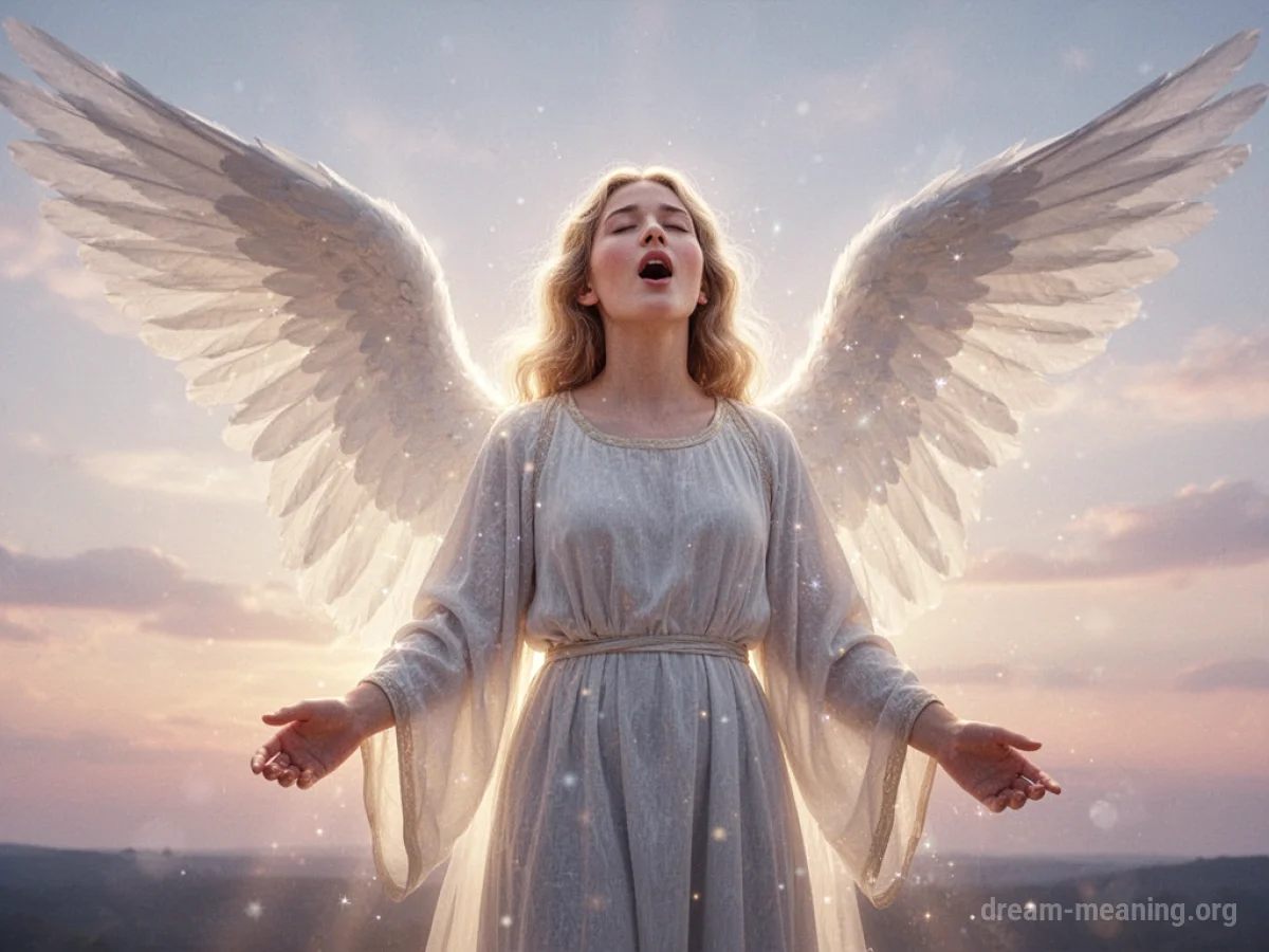An angel with closed eyes and a gentle expression, singing with soft light surrounding it.