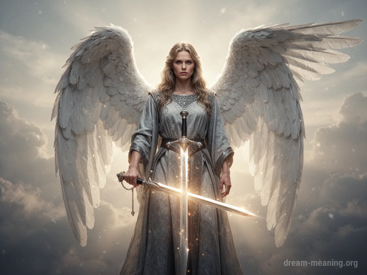 An angel holding a bright sword.