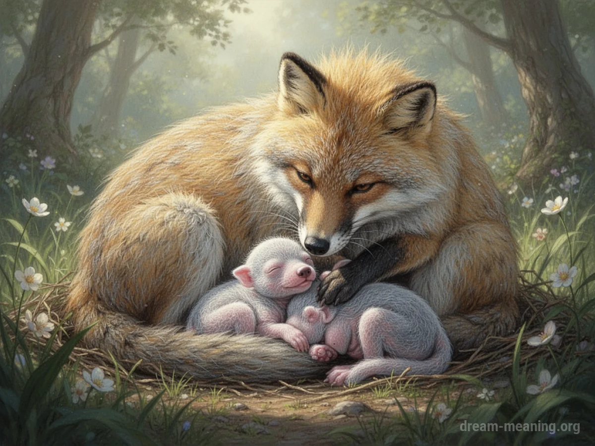 A mother animal with her newborn offspring in a natural environment.