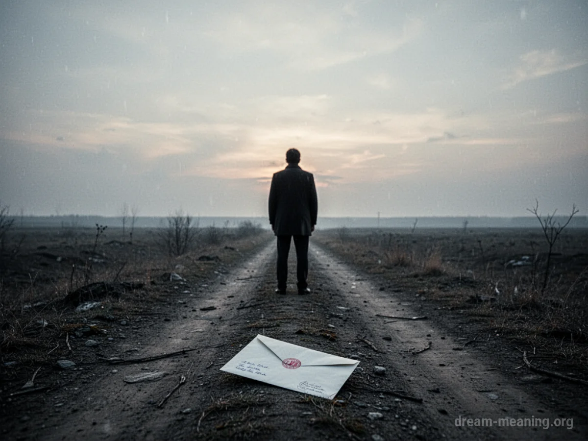 A lone figure stands on a path facing a dark horizon with a letter on the ground.