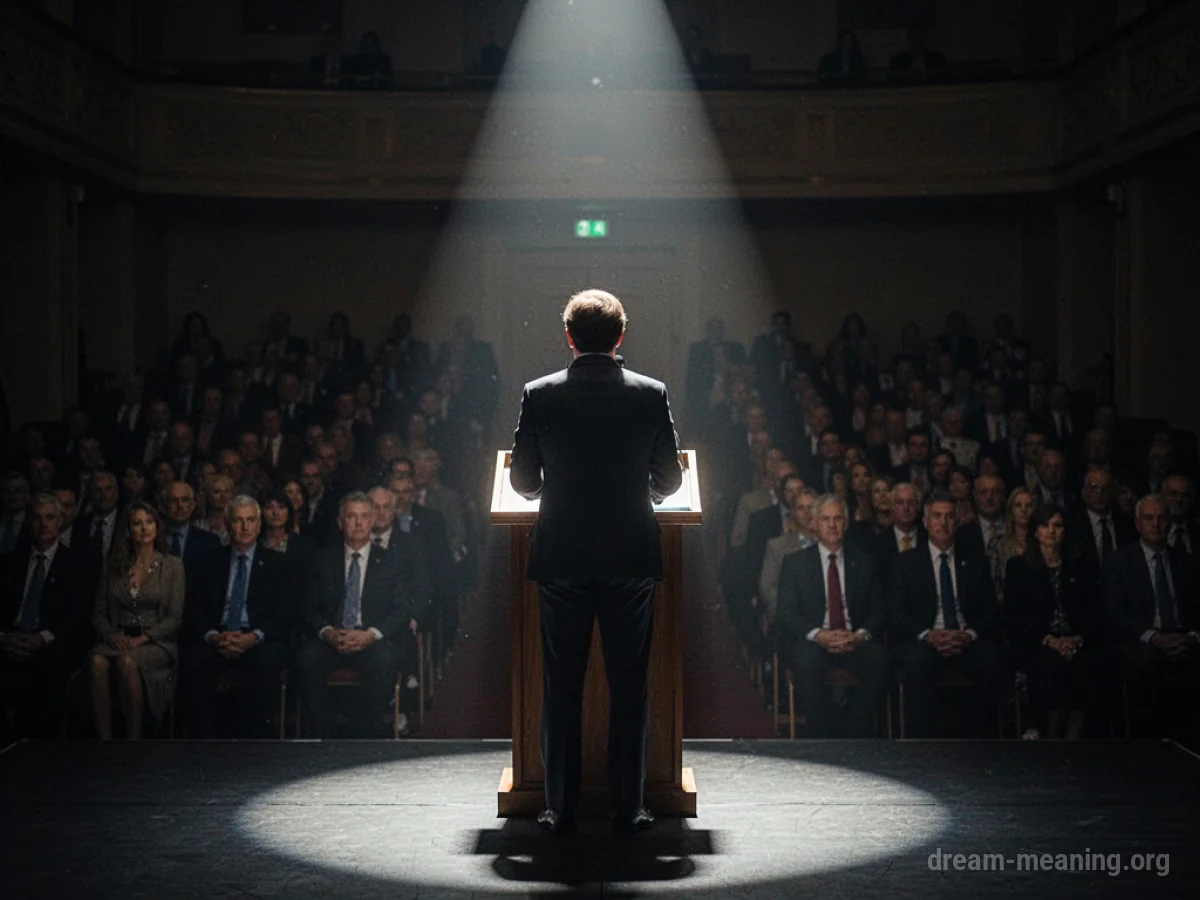 A person stands at a podium under a spotlight, facing an unseen audience.