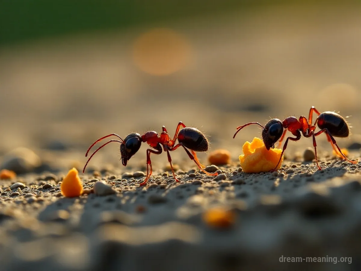 A line of ants carrying food particles.