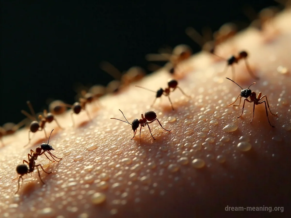 Many small ants crawling over a human hand.