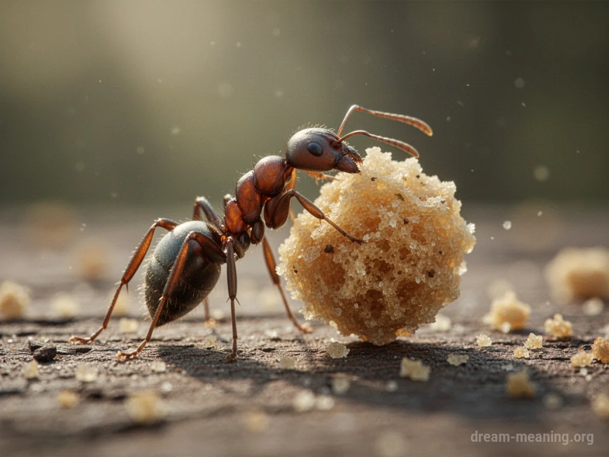 An ant carrying a large crumb.