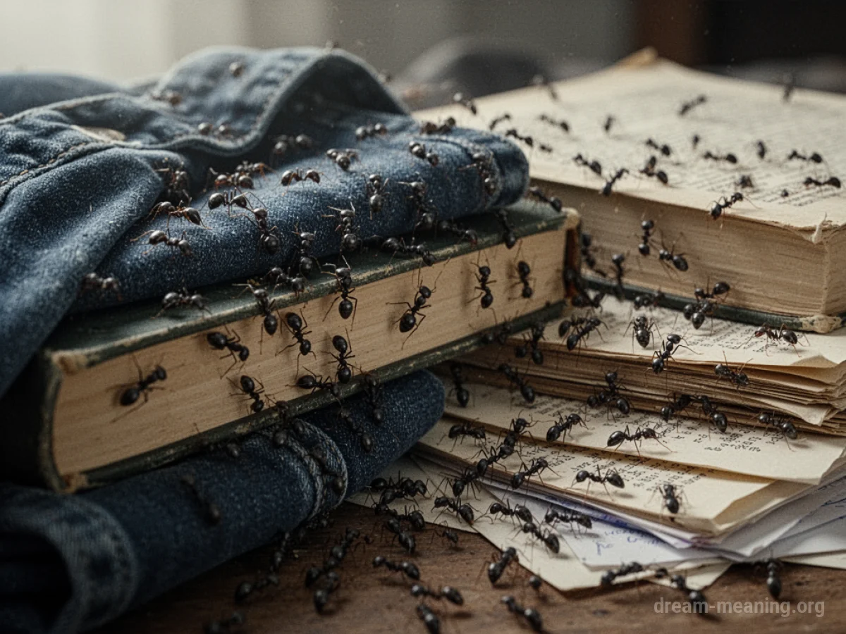 Small ants crawling over a pile of personal items.