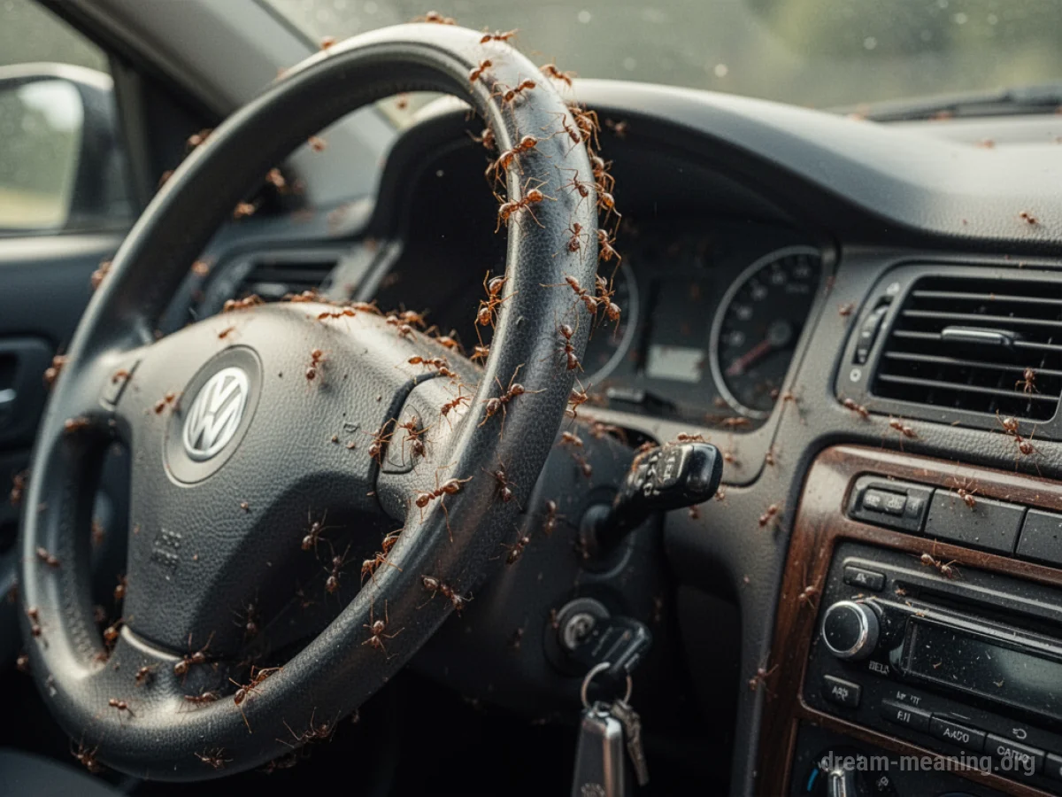 Ants crawling on a car's steering wheel and dashboard.