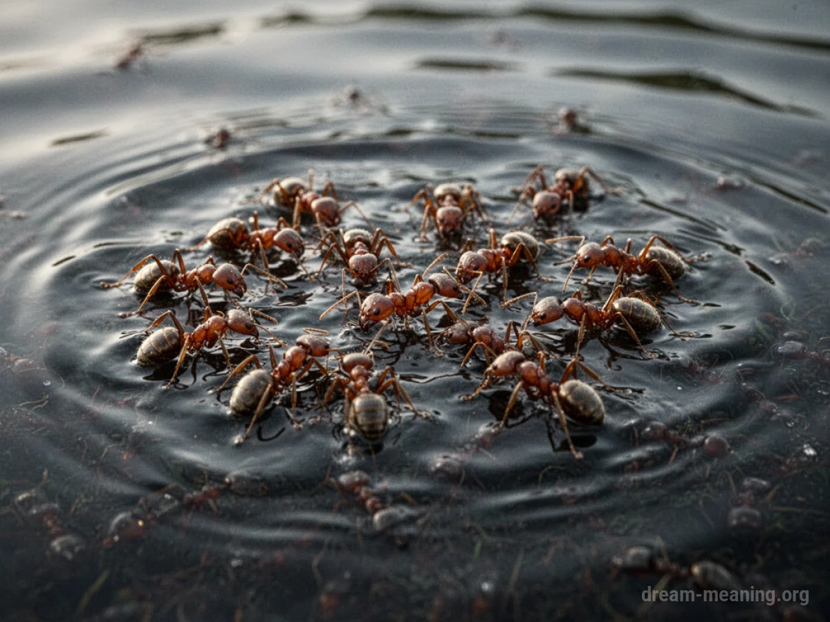 Ants floating on the surface of water.