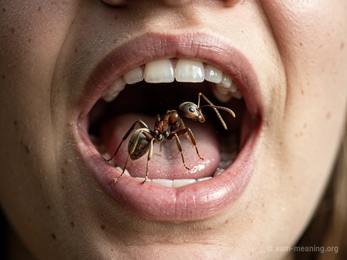 An ant is visible emerging from a person's open mouth.