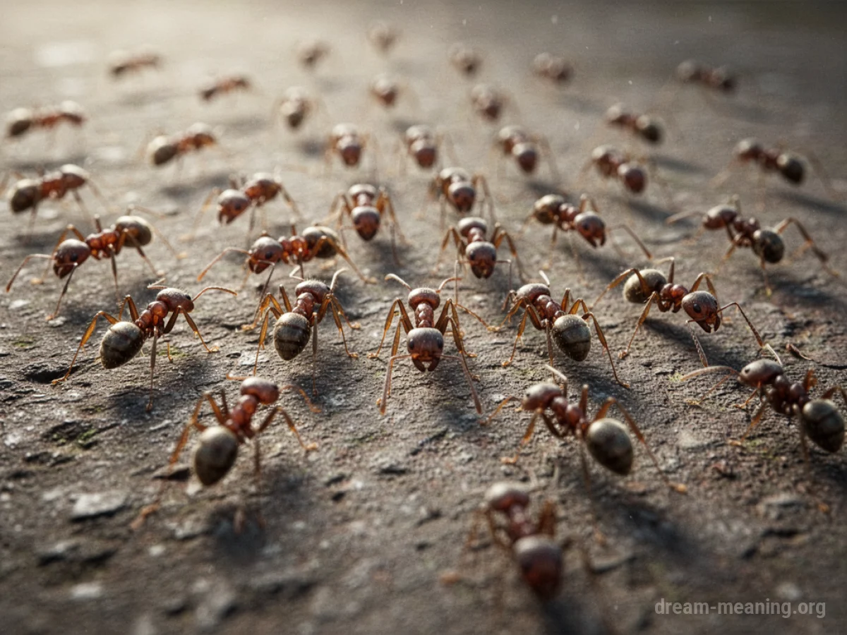 A group of ants moving quickly away from the camera.