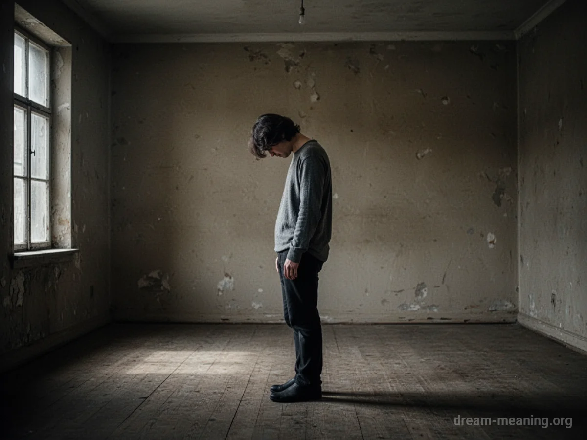 A person stands alone in a dark, empty room with their head bowed.
