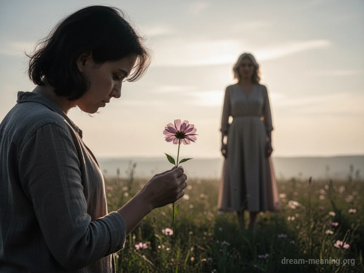A person offering a flower to a distant silhouette.