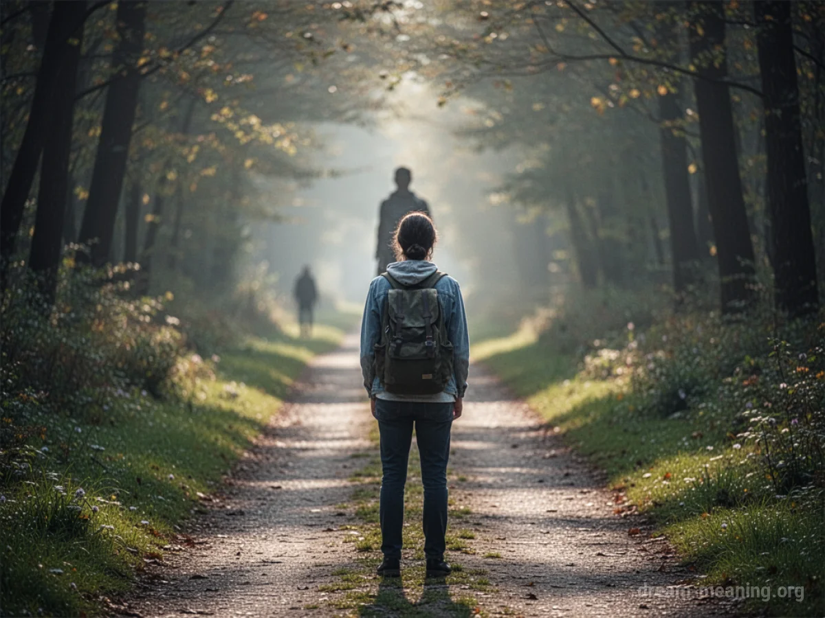 A person stands on a path looking toward a distant, blurry figure.