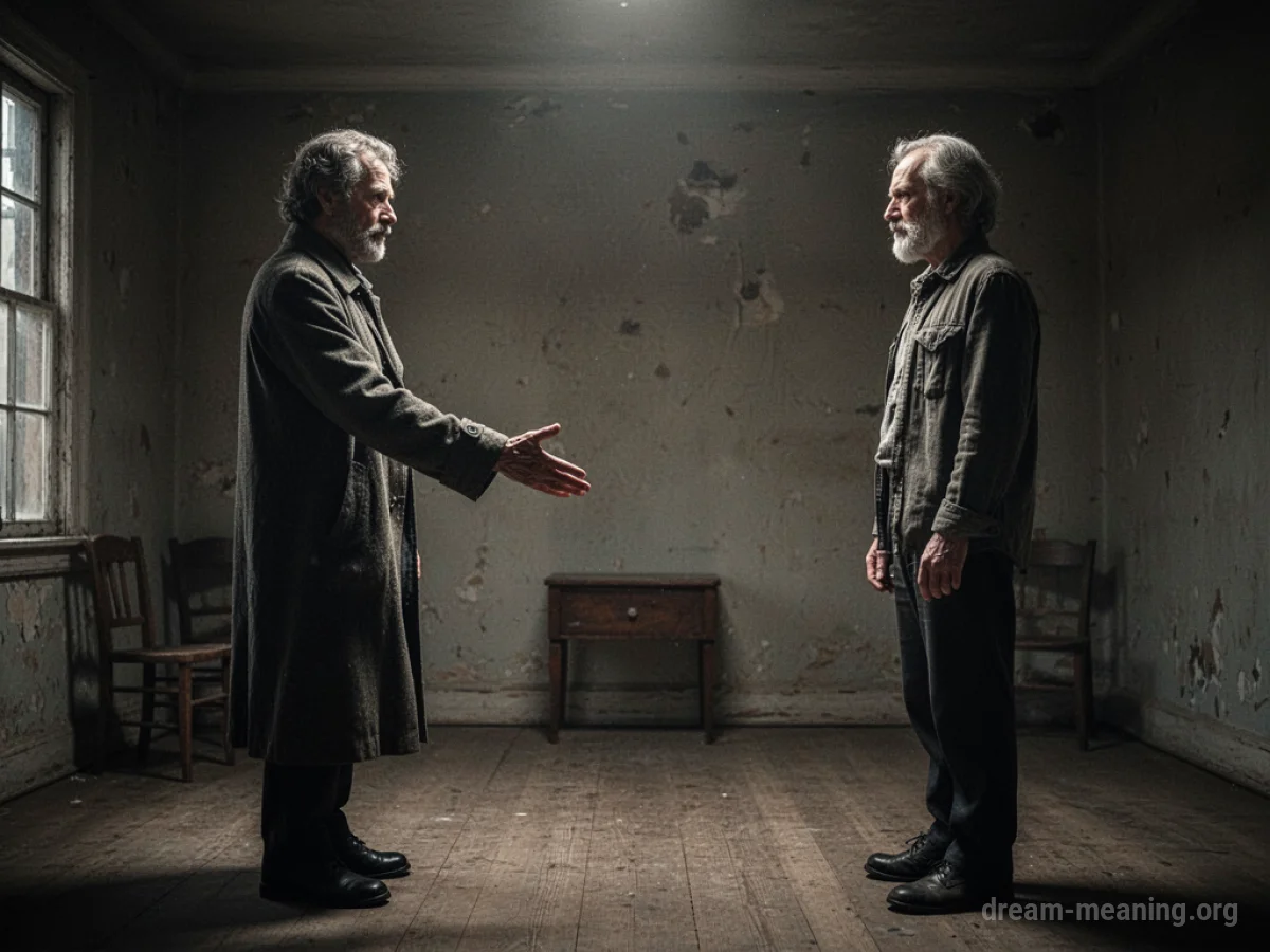 Two silhouetted figures in a room with a gap between them, one figure's hand is extended.